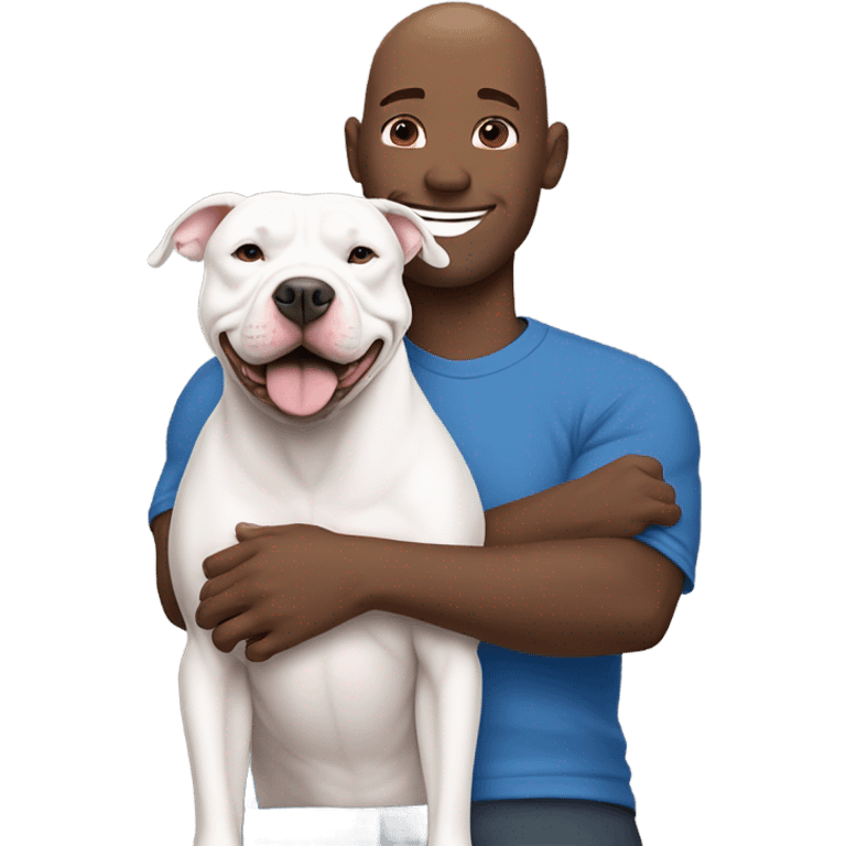 bald white man no beard with blue eyes and blue tshirt Hugging large gray smiling pit bull emoji