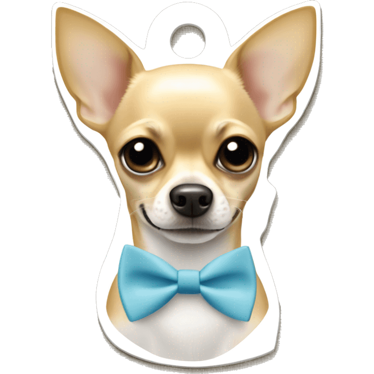 Blonde chihuahua with a light blue bow tie collar and a dog tag that says Oscar  emoji