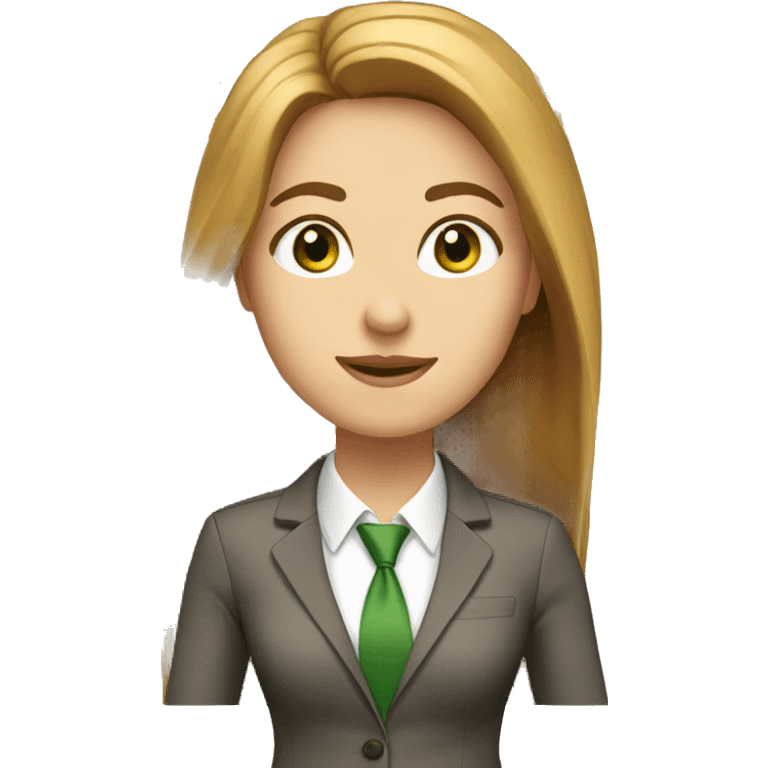 executive woman, long straight golden brown hair, green eyes, business suit, running emoji