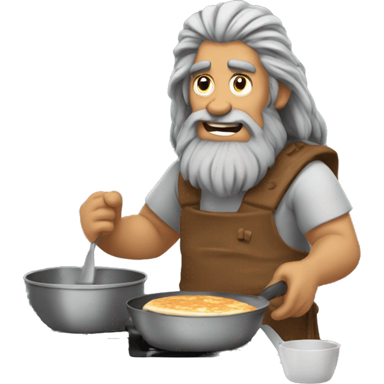  Caveman with long gray hair and a gray goatee cooking pancakes  emoji