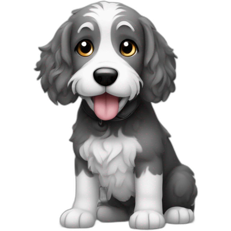 A gray and black and white ausidoodle dog watching a moving and saying NO APPLE TV emoji