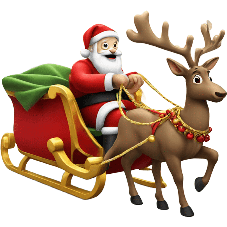 Santa Claus riding his red and gold sleigh which is being pulled by a reindeer with a red nose emoji