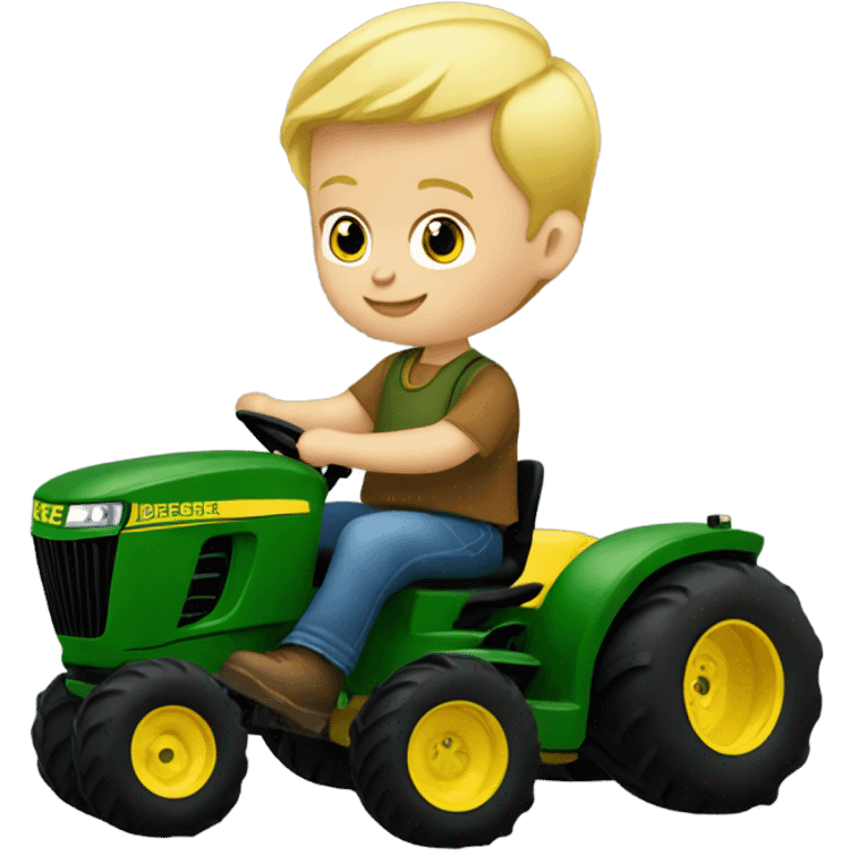 3 year old Blonde headed little boy riding a John Deere tractor emoji