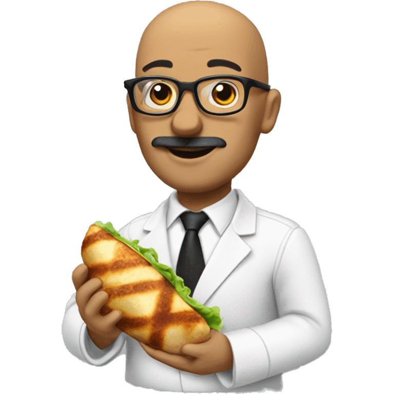 A bald man with glasses and a small black mustache eating a chicken wrap emoji