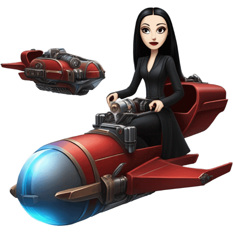 Jedi teen Morticia Addams flying a red and blue Jumpspeeder anti-gravity repulsorlift powered by an imperial speeder steampunk  emoji