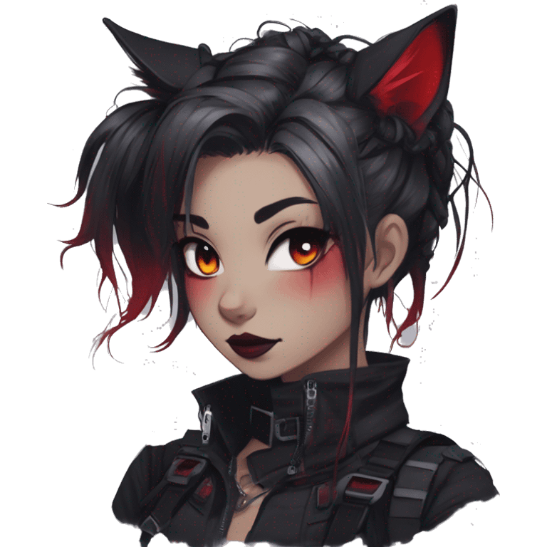 Gorgeous gothic dark techwear anime style anthro cat with blushing face aesthetic and pretty edgy black red punk messy ponytail hair with collar and harness trending style emoji