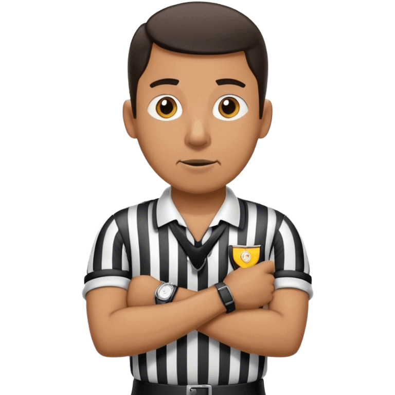 Referee with a whistle in his mouth and arms crossed looking at his watch emoji