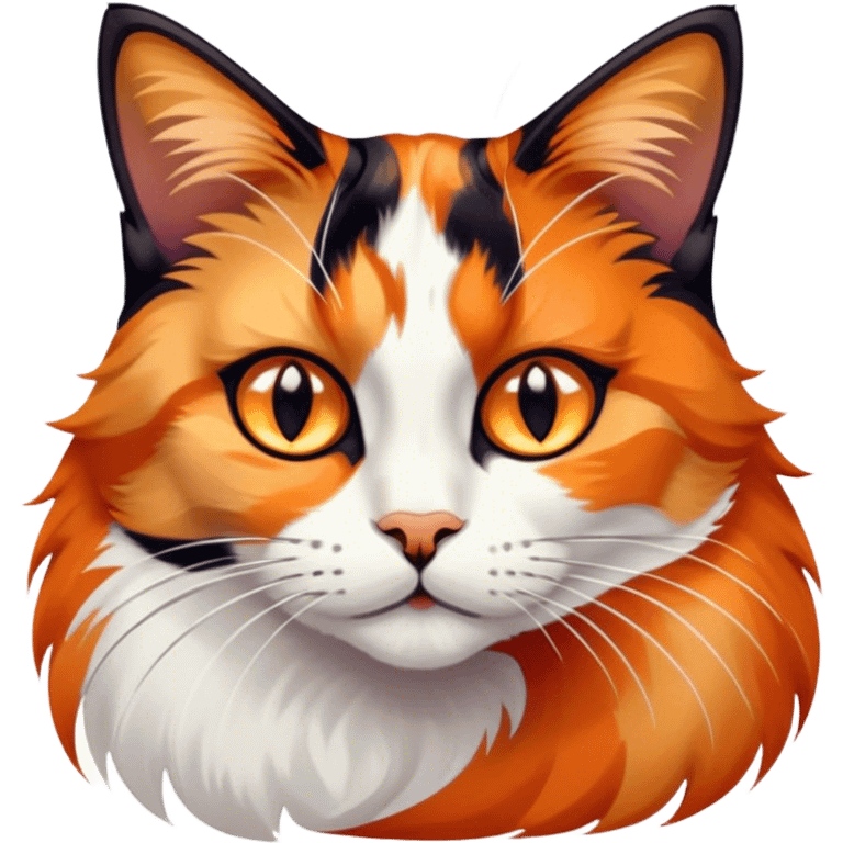 Cinematic Noble Calico Cat Portrait Emoji, Poised and regal, with a striking patchwork fur in vibrant orange, black, and white hues, delicate whiskers and a refined, focused gaze, simplified yet exquisitely detailed, glowing with a soft, moonlit radiance and an air of aristocratic elegance, high shine, exuding dignified intelligence and poised authority, soft glowing outline, capturing the essence of a watchful and noble calico cat that appears ready to grace the screen with effortless majesty! emoji