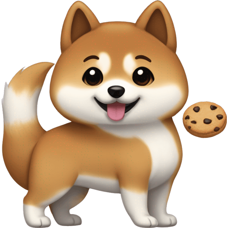 Shiba inu with brown long hair girl with brown eyes, no bangs for the girl and with a cookie  emoji