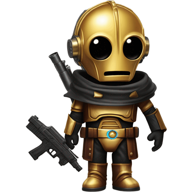 battle rough and tough bounty hunter c3Po wearing Satan’s leather outfit with guns and flat-brimmed hat on head. walking happy emoji