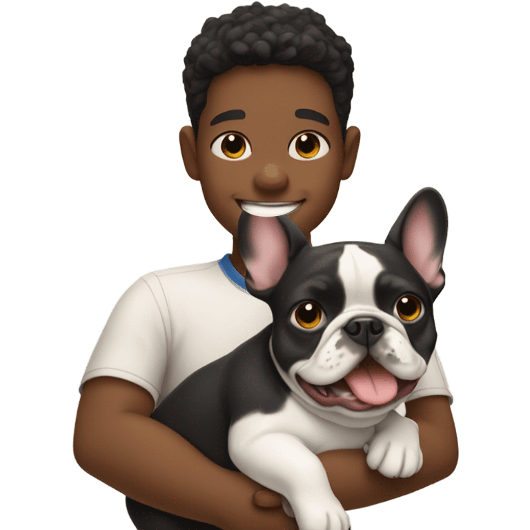 boy hugging French bulldog with smile emoji