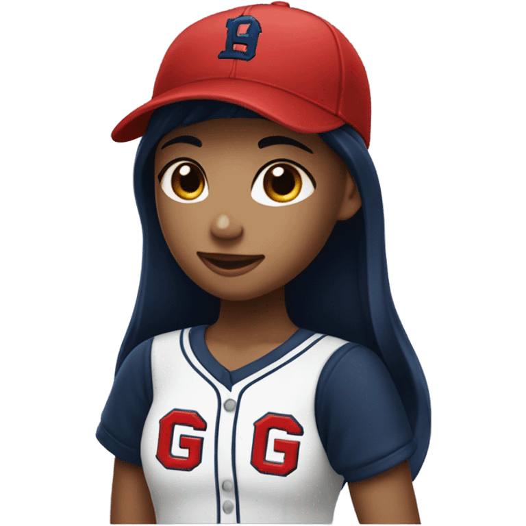 Black long hair girl wearing navy ballcap emblazoned with a red G initial and wearing baseball uniform emoji