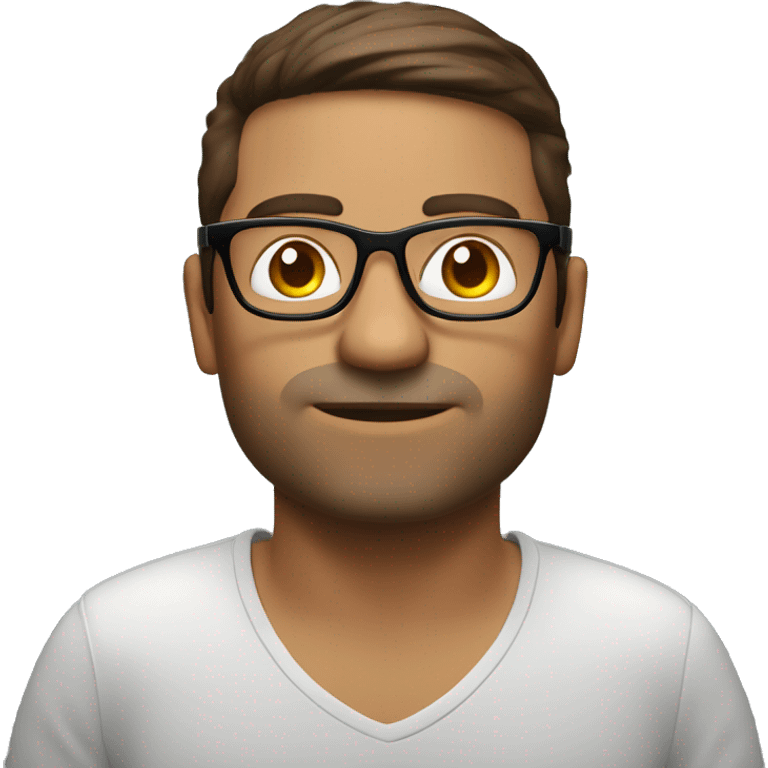 wearing semi rimless glasses 38 year old coding on macbook, with brown hair emoji