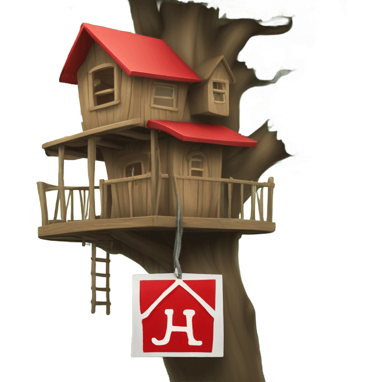 Treehouse with hanging red sign that’s reads OXG in white letters emoji