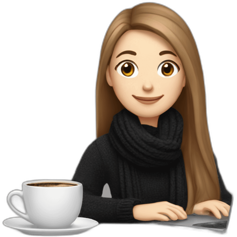 eyes closed smiling woman with pale skin brown long straight hair behind a laptop and a large coffee mug wearing a black woolly shirt and a black woolly scarf emoji