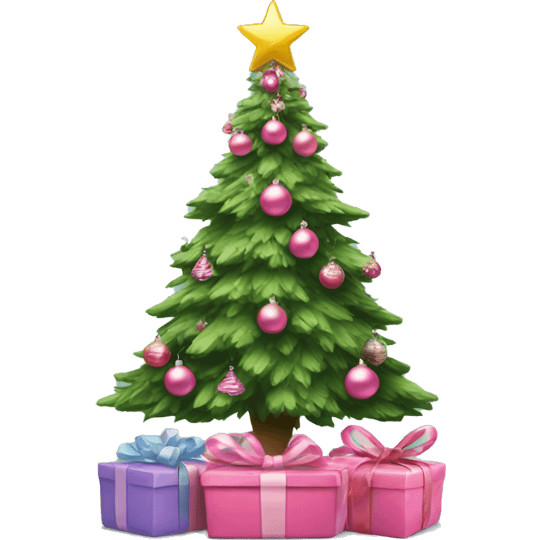 Christmas tree with pink ornaments and presents underneath  emoji