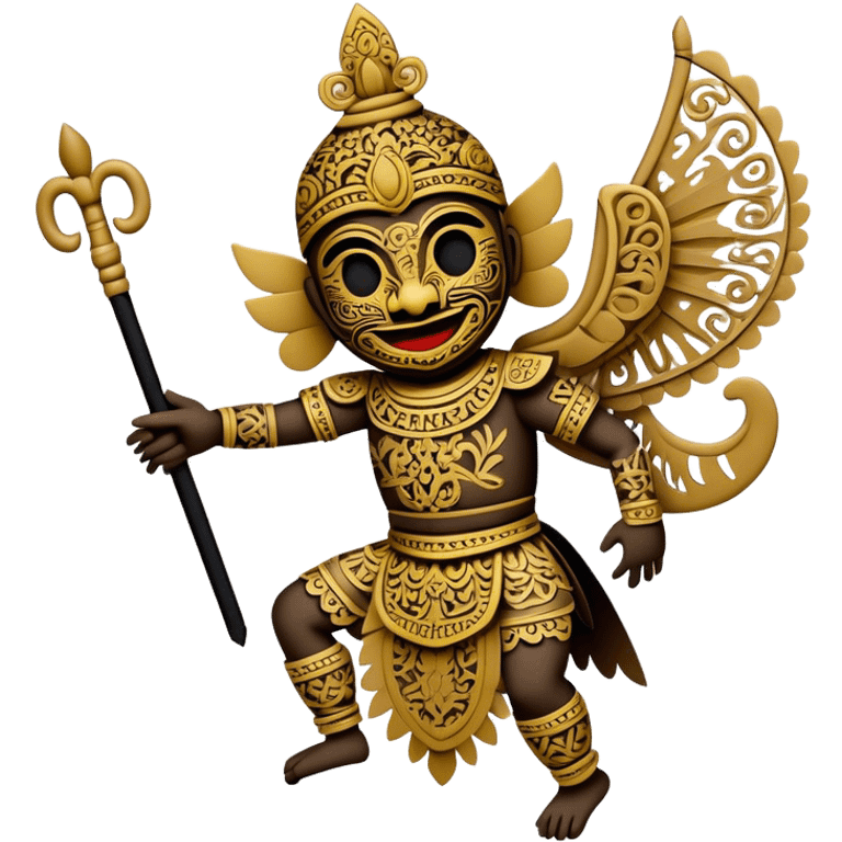 Cinematic Realistic Wayang Kulit Emoji, depicted as an intricate shadow puppet with detailed cut-out figures and traditional patterns, rendered with crisp textures and dynamic cultural lighting that captures its ancient artistry. emoji