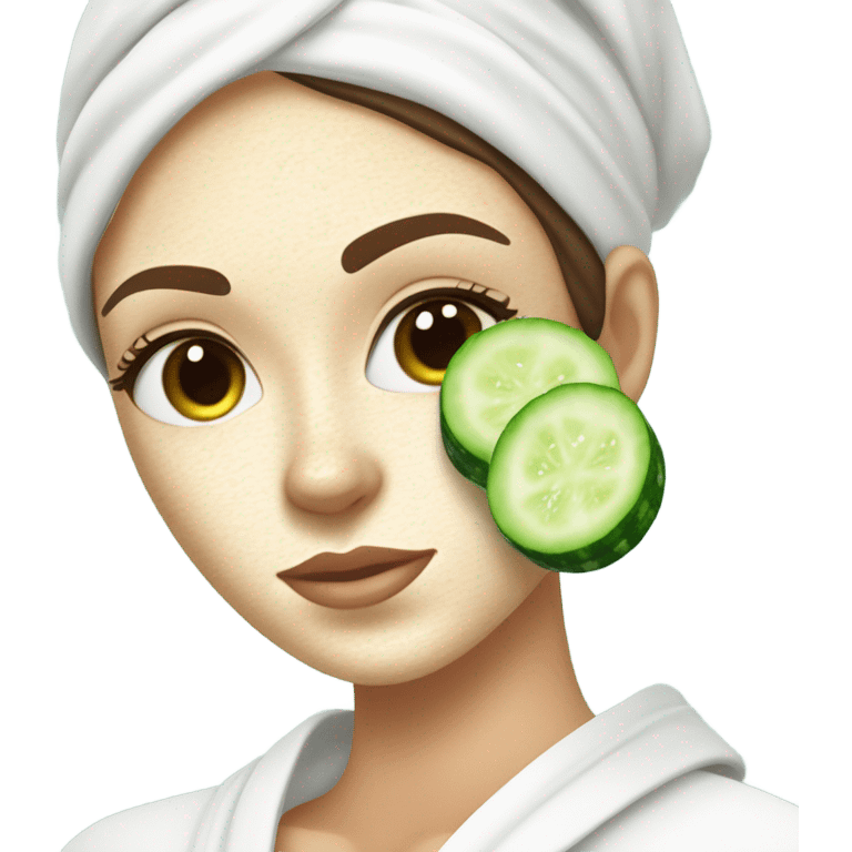 Girl with freackles Brown hair white skin and blue eyes wears Green colored texture skin care mask while She relaxes and puts two round piece of cucumber on her closed eyes In a white Robe emoji