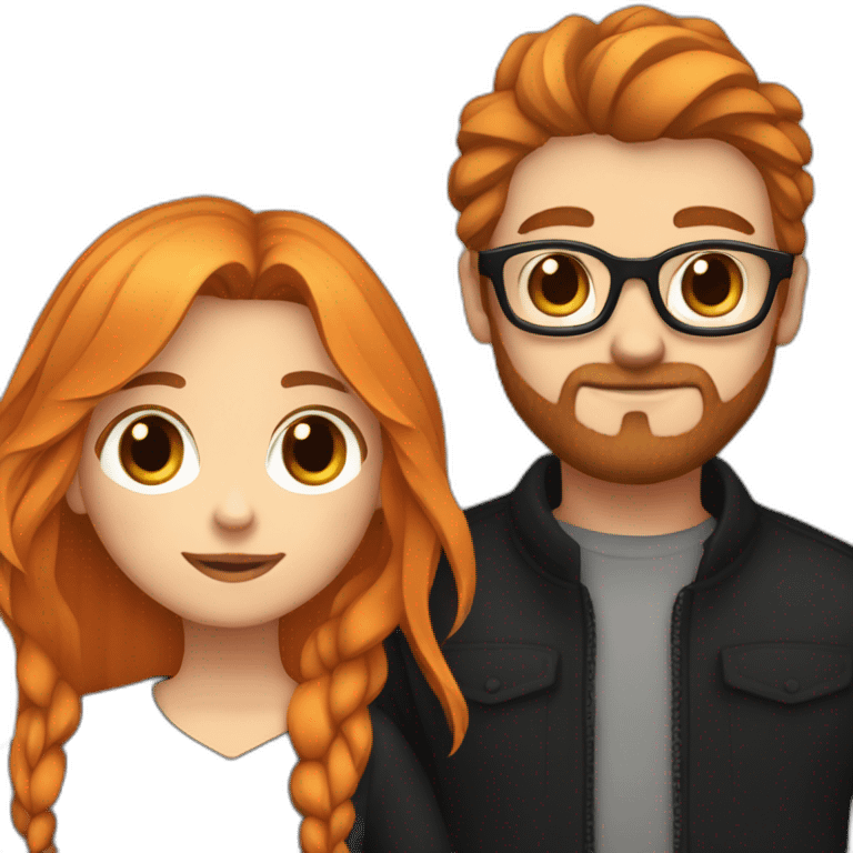 girl with long orange hair wearing no glasses and all black clothes and holding hands with boy with dark hair and beard and glasses and pale skin emoji