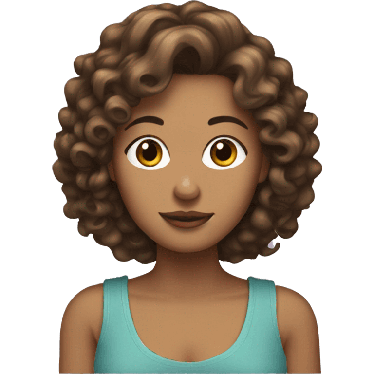 white women with curly medium length brunette hair, holding a yorkie dog emoji