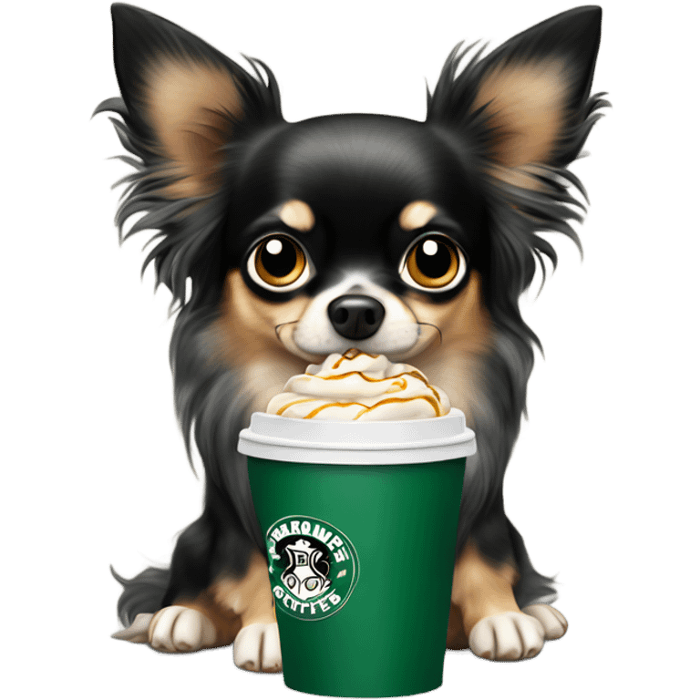 Black Merle long hair chihuahua drinking Starbucks  emoji