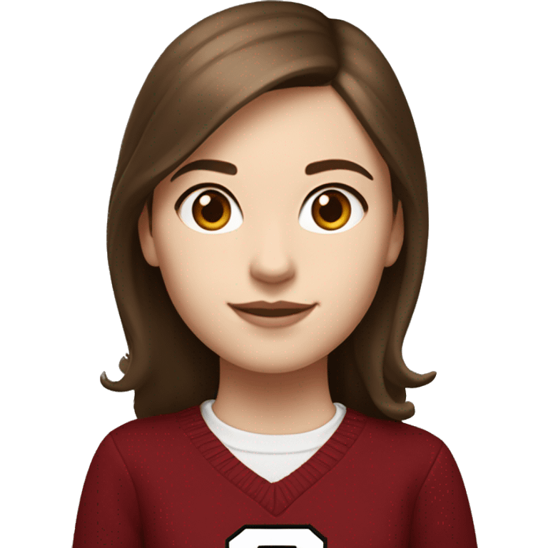 Girl with brown hair and white skin wearing a crimson and white sweater with the black crimson and white Harvard University logo on it  emoji