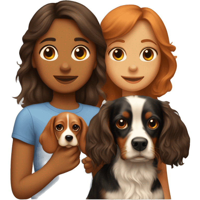 girl with a daschund, cocker spaniel and cavalier king charles emoji