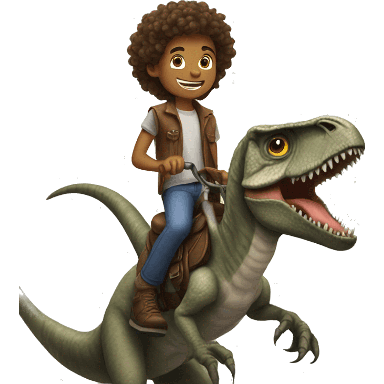 Boy with long curly hair riding velociraptor  emoji