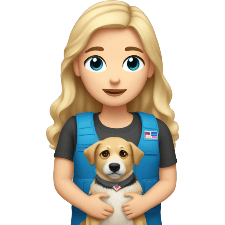 Girl with blonde hair and blue eyes holding a austalian shepherd dog stuffed animal that has a vest on that says emotional support  emoji