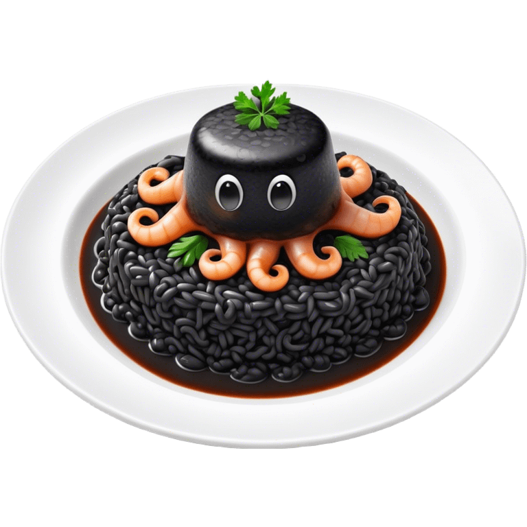 Cinematic Realistic Black Risotto Dish Emoji, showcasing a rich squid ink-infused risotto rendered with bold textures and dynamic, dramatic lighting. emoji