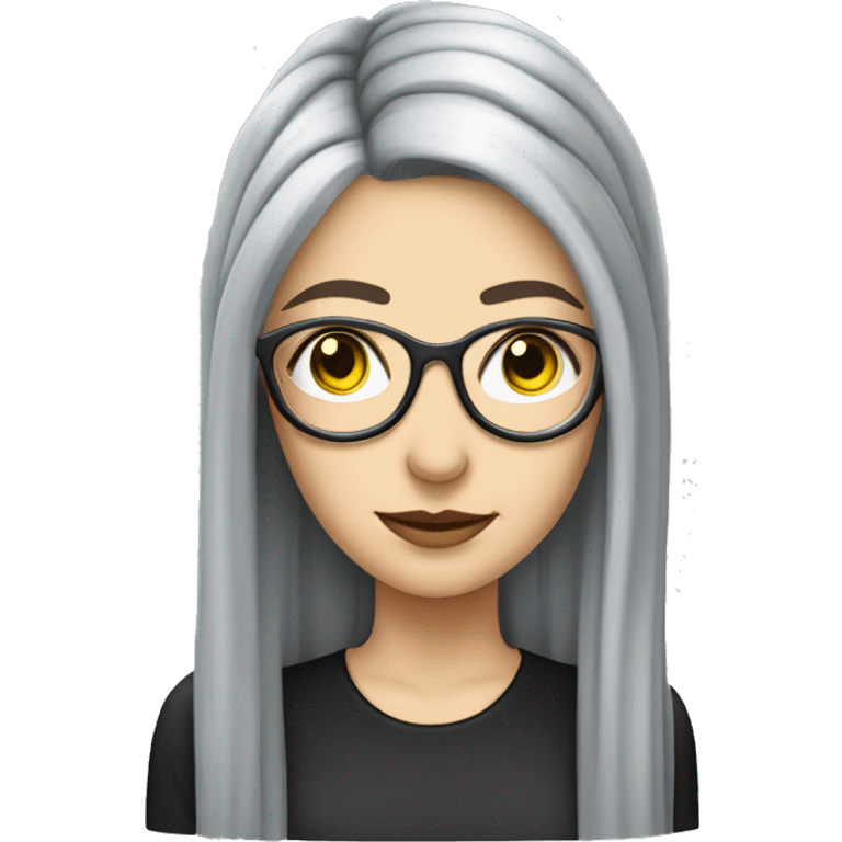 Attractive Caucasian woman with long straight grey hair worn in a braid, wearing wire frame glasses, looks goth emoji