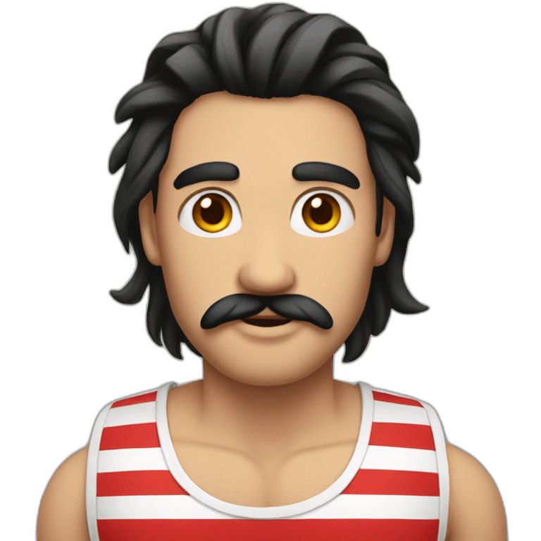 male with long black hair, moustache and striped black and red tank top emoji