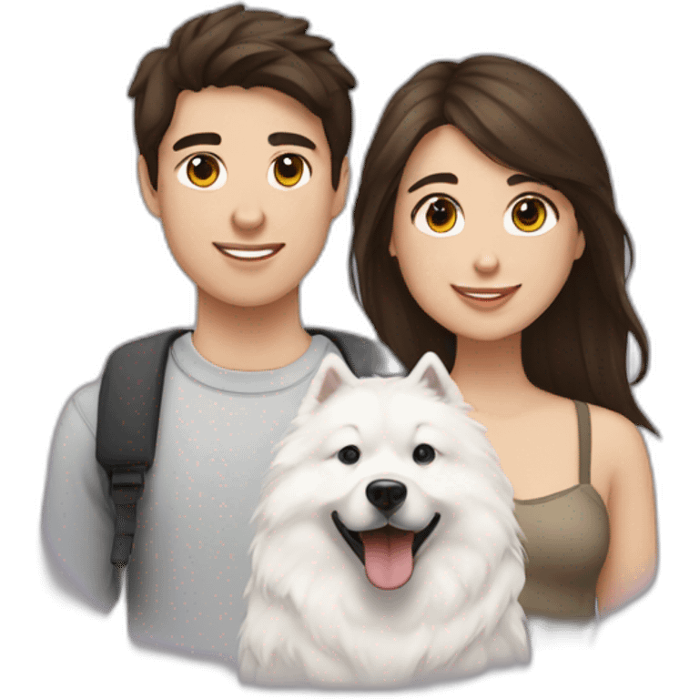 brunette girl with brunette boy with a samoyed emoji