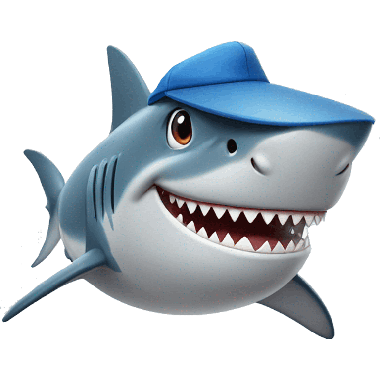 Shark looking happy, wearing a baseball cap and blue glasses emoji