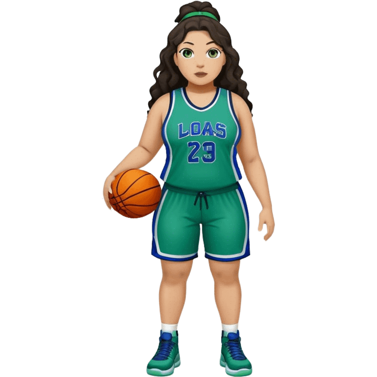 Full Body light skin Latino plus size full figured women basketball player with long wavy dark hair  wearing blue and green uniform emoji