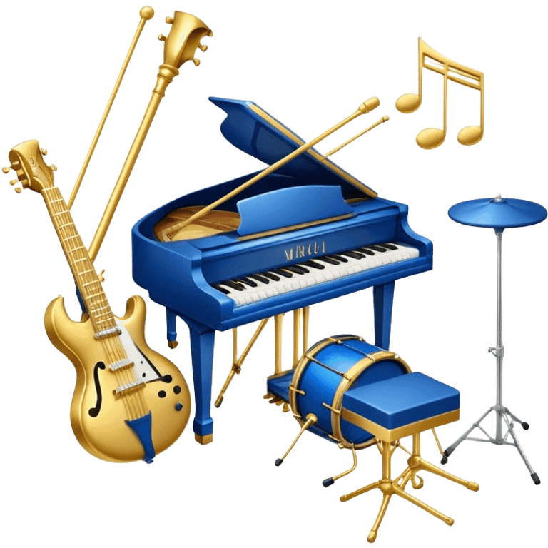 Create an elegant and artistic emoji that represents music arrangement and orchestration. The design should feature musical notes, a set of piano keys, a drum set, and an electric guitar to symbolize the diverse elements of orchestration and arrangement. Include a conductor's baton to emphasize the role of a conductor in bringing all the instruments together. Use a mix of rich colors like gold, silver, and deep blue for sophistication, and add flowing lines to represent the harmony between different instruments. The background should be transparent. emoji