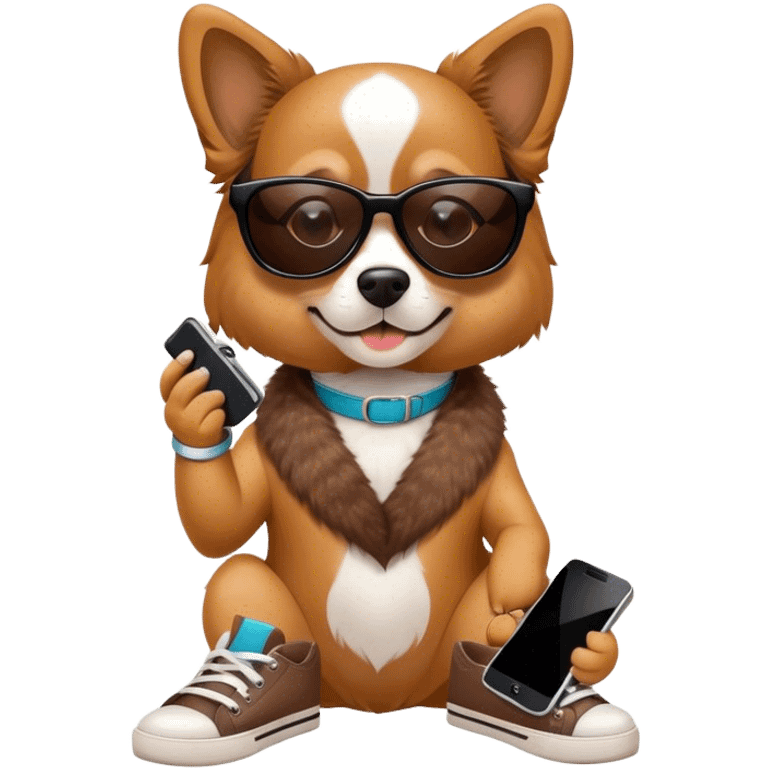 Dog wearing shoes with a phone and sunglasses emoji