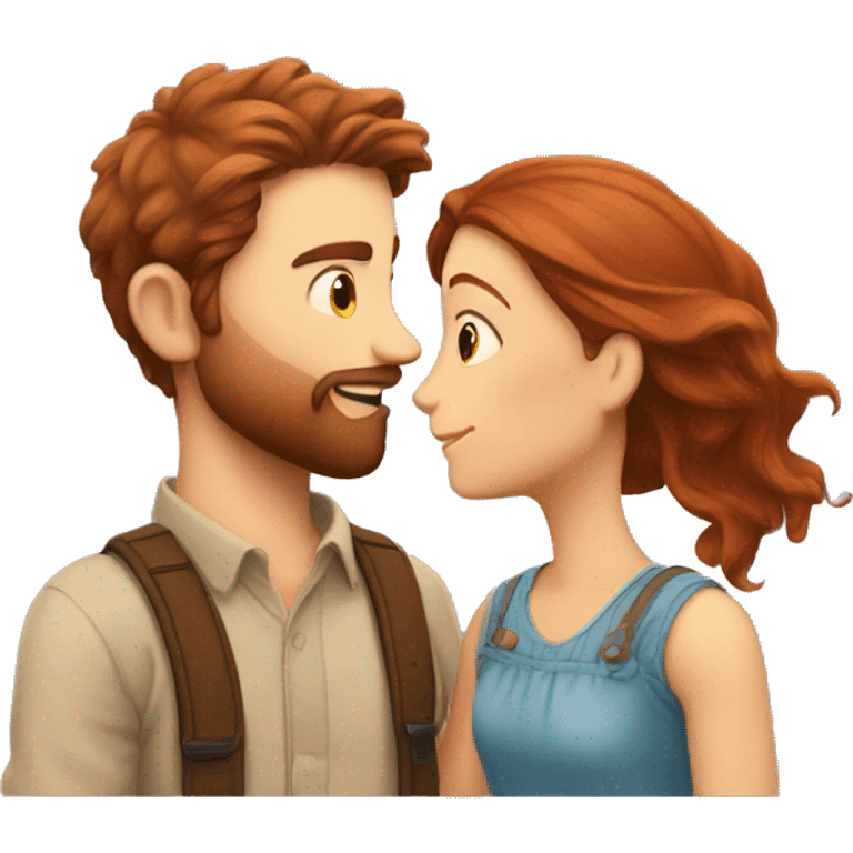 A red-haired boy with a beard kisses a brown-haired girl with great love emoji