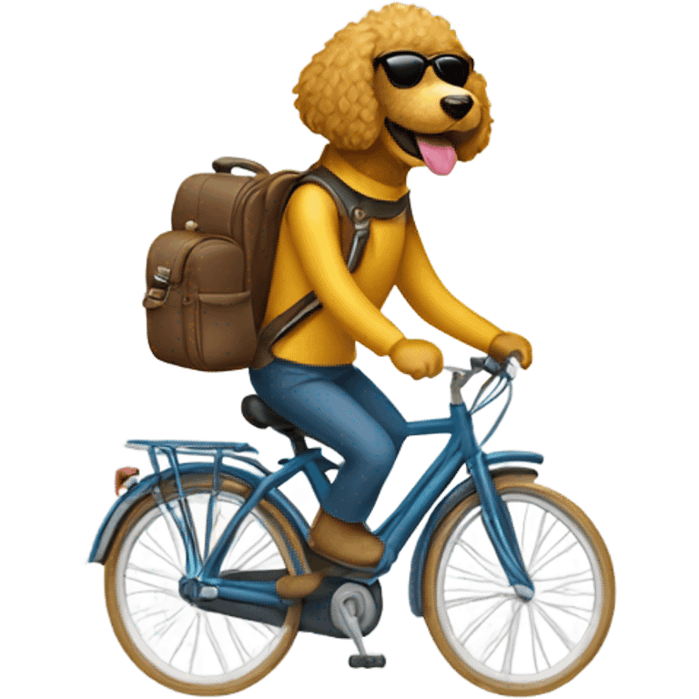 Human riding a bike with a backpack. Dog is a golden doodle. Put the dog in the humans backpack. There’s a dog in the backpack and it is wearing sunglasses  emoji