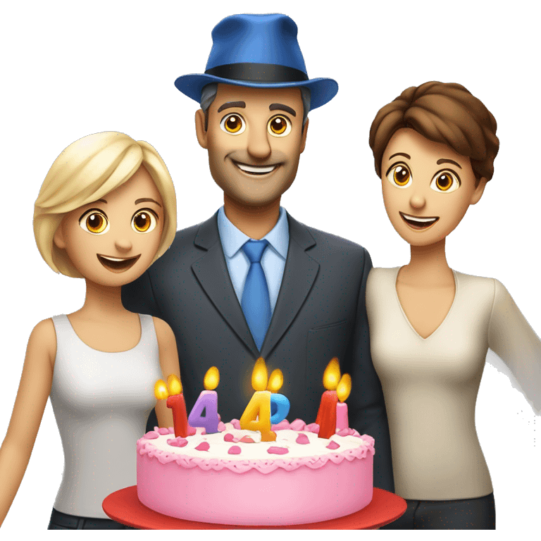 European company of 4 people (mom dad and 2 kids) celebrate birthday in birthday hats emoji