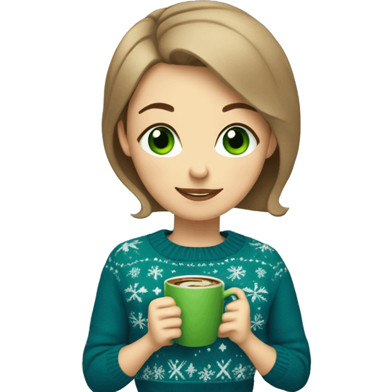 Light brown short haired girl with green eyes drinking coffee wearing blue Christmas sweater emoji