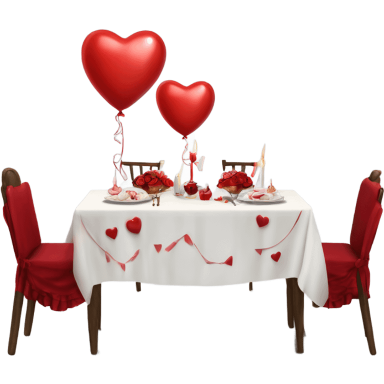 Red romantic party setting for two people and heart balloon  table with white cloth and candle with bows on the table photo Realistic  emoji