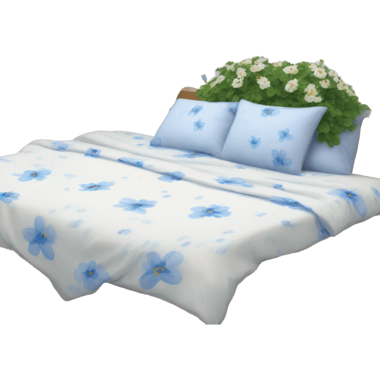 Cosy white  bed with blue smal flower bed sheets emoji