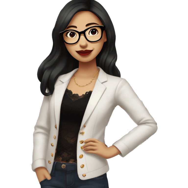 Asian girl, smiling with teeth, fair skin, black long hair, black eyes, black glasses with gold frames, red lipstick, wearing a white lace tank top and a black office jacket on top, with pink and red roses around her. emoji