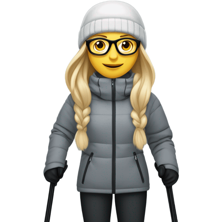 slightly chubby full female skier with long straight blonde hair, glasses, grey snow jacket, black pants and black skis. no poles. show full body from the top of the head to the boots front on without braids in hair. emoji