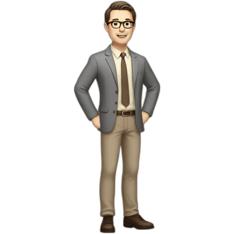 Full height Actively Gesturing Pale skinned fit man with dark brown hair in gray jacket, beige office shirt, brown tie, brown pants and vintage glasses. emoji