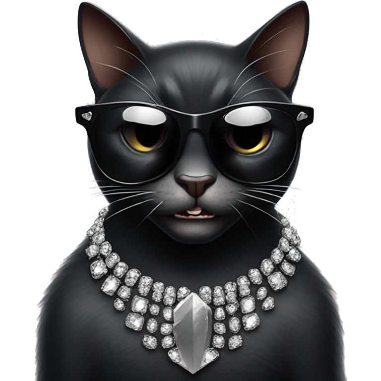 black cat snarling, wearing black flat-top sunglasses, with silver crystals covering the left side, right arm posing a claw- hand gesture emoji