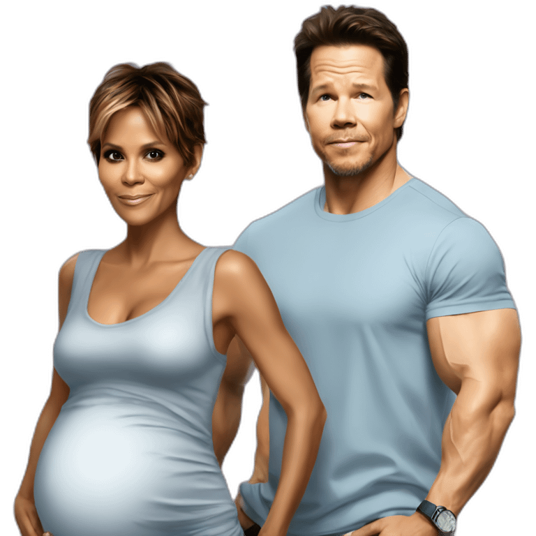 Halle berry standing next to mark Wahlberg both are pregnant emoji