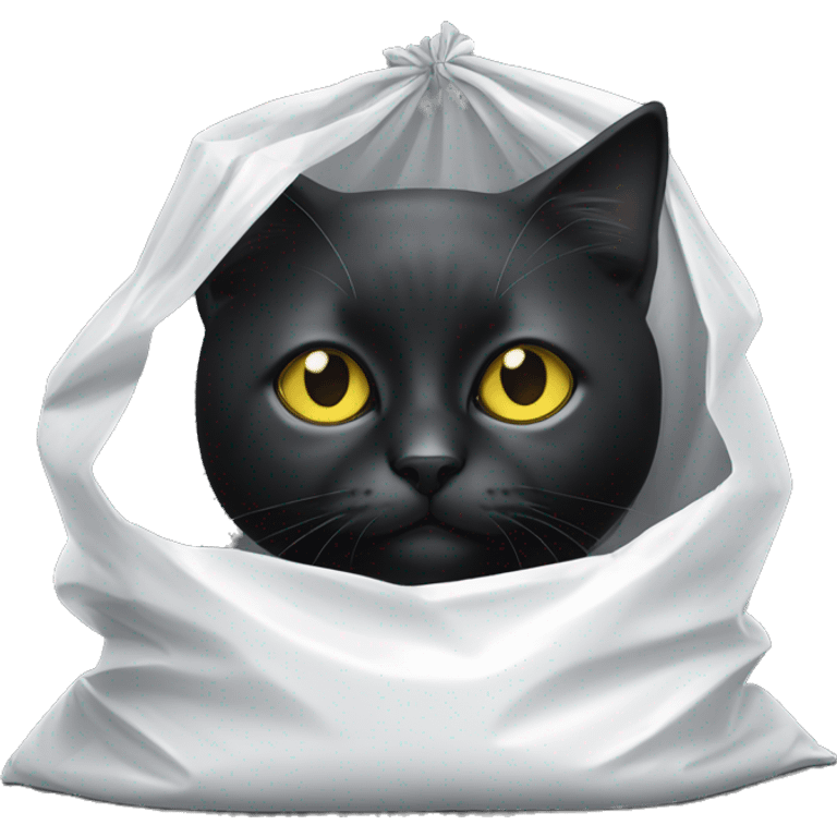 A little black and white cat in a white plastic bag. The cat is mostly black except for white on her nose and paws. The cat has yellow eyes  emoji