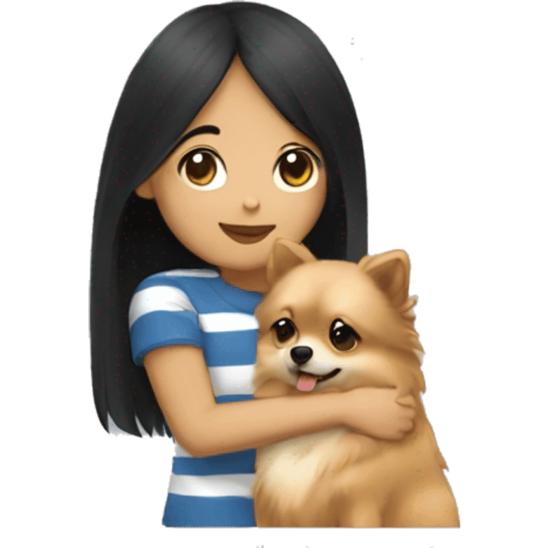 Girl hugging pomeranian. The girl has black hair and medium skin. She’s using a striped t-shirt. emoji